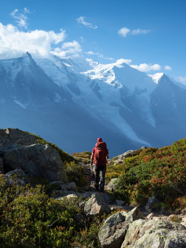 A man hiking on the famous Tour du Mont Blanc near Chamonix, France.