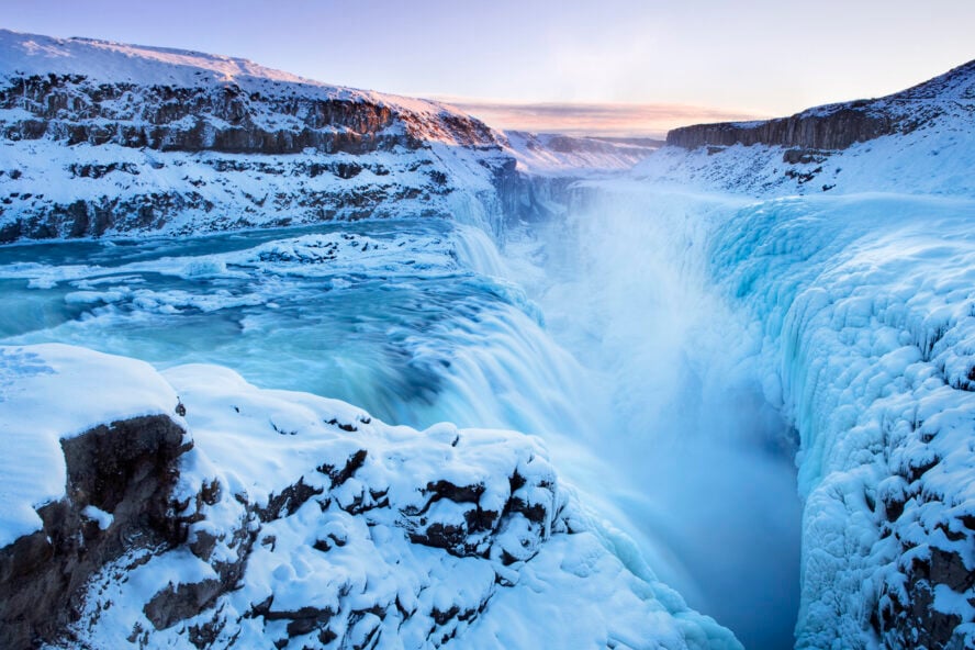Iceland's Gullfoss Waterfall frozen in winter