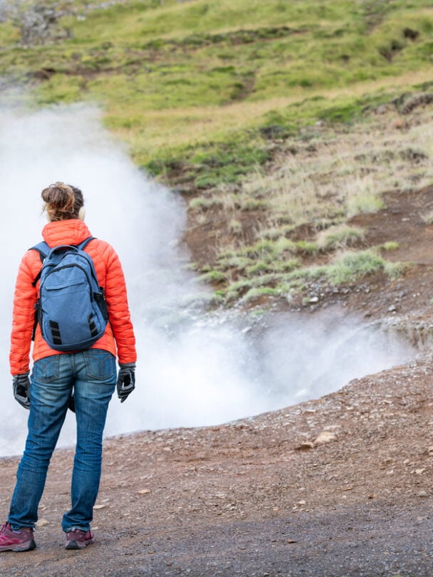 Hiker watching hot springs
