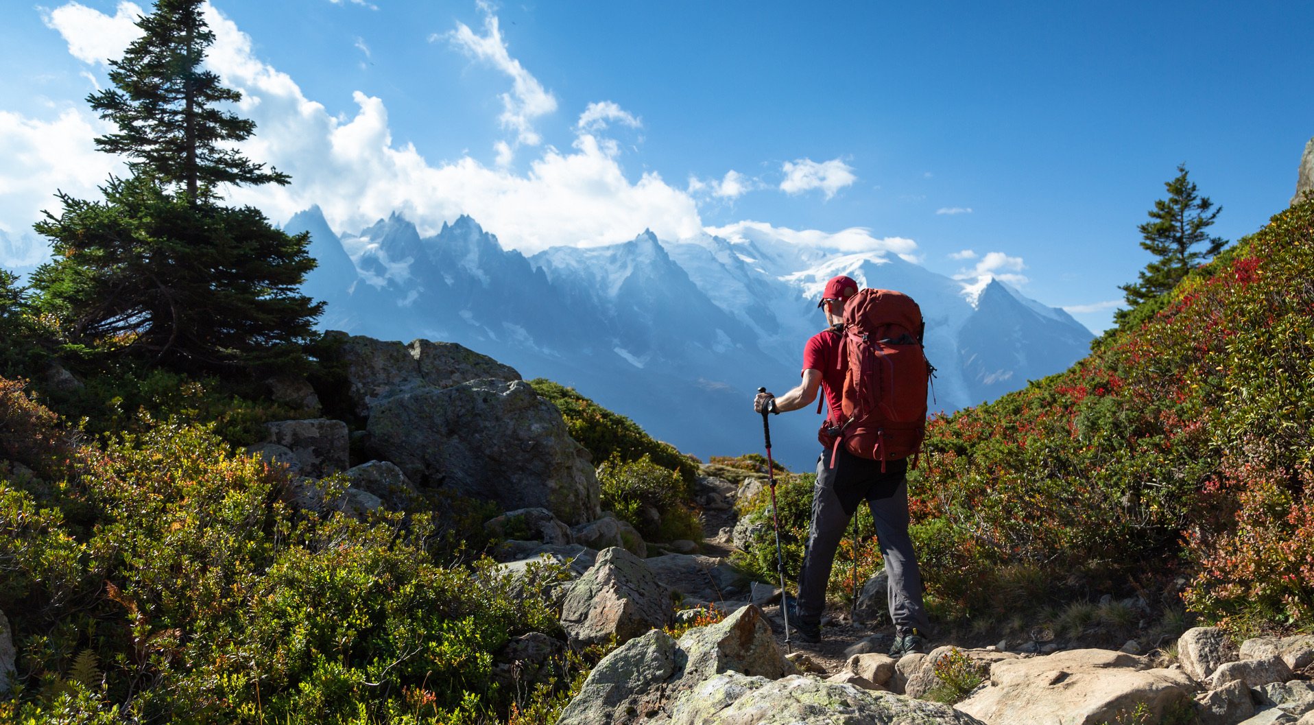 A man hiking on the famous Tour du Mont Blanc near Chamonix, France.