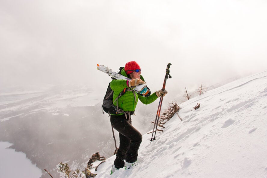 Female ski mountaineer booting up Albright Peak, Grand Teton National Park