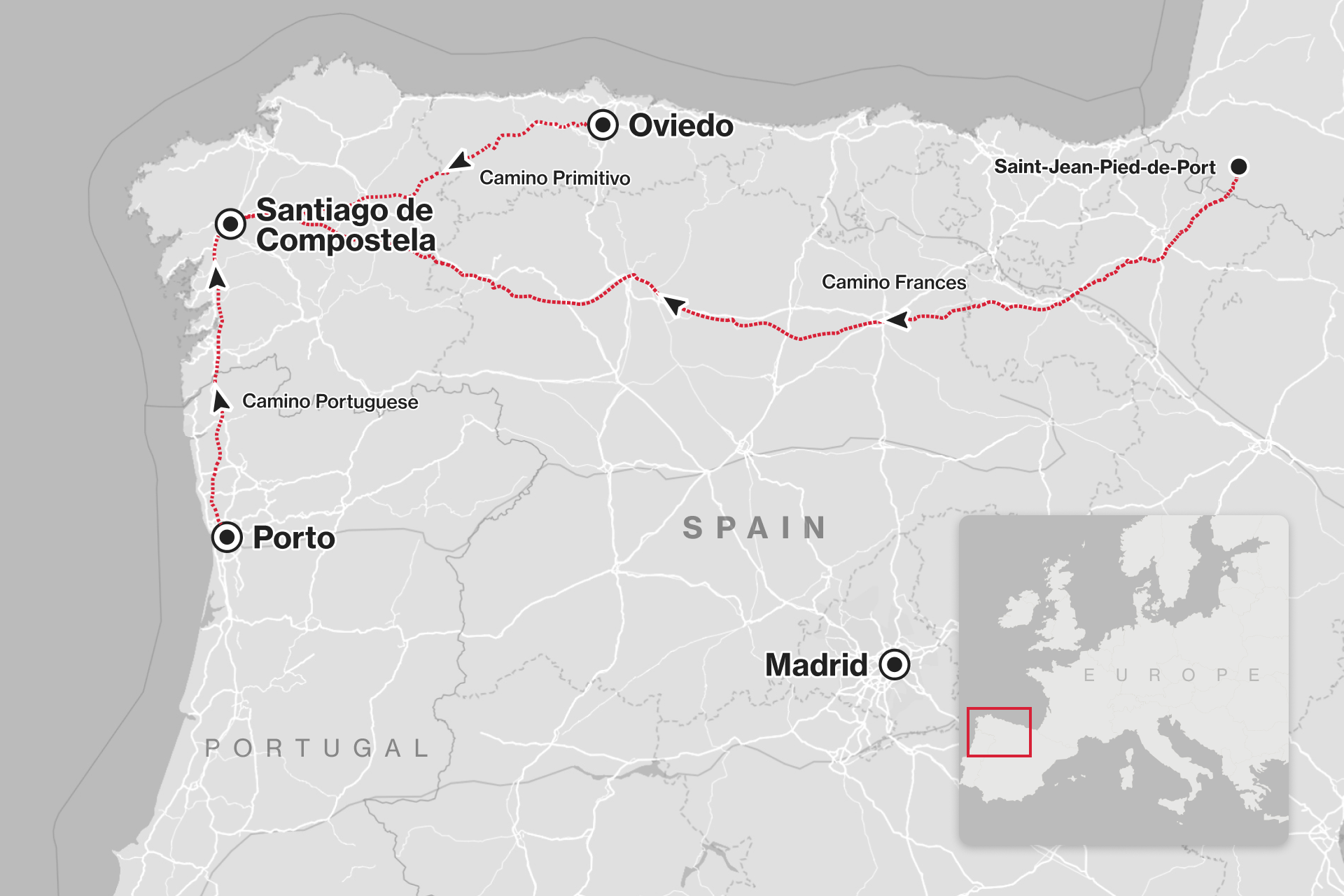 A map of the Camino de Santiago and the 3 most popular routes.